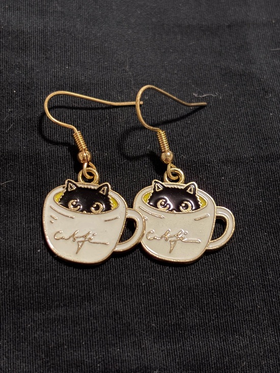 Jewelry - Black Cat in Coffee Cup Enamel Earrings - White & Gold